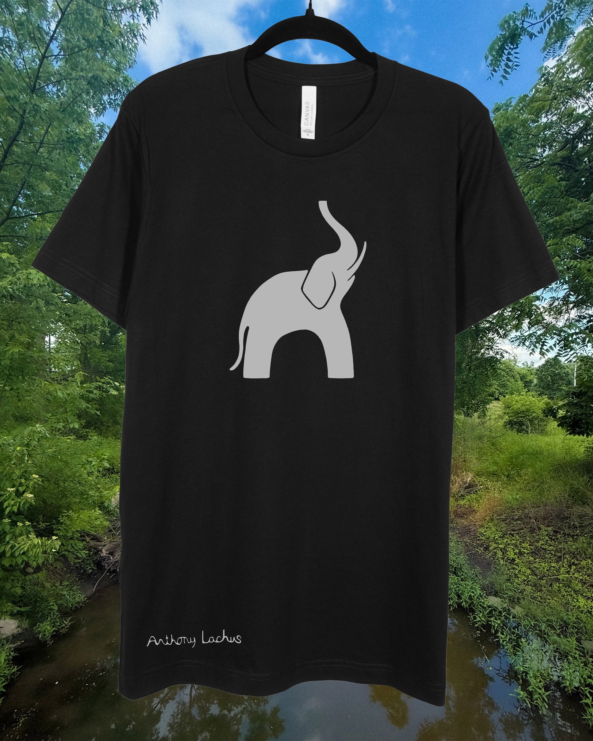 Black t-shirt with a gray elephant design hanging outdoors against a natural background