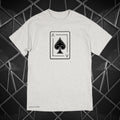 Gray t-shirt with a black playing card spade symbol on a geometric black and gray background