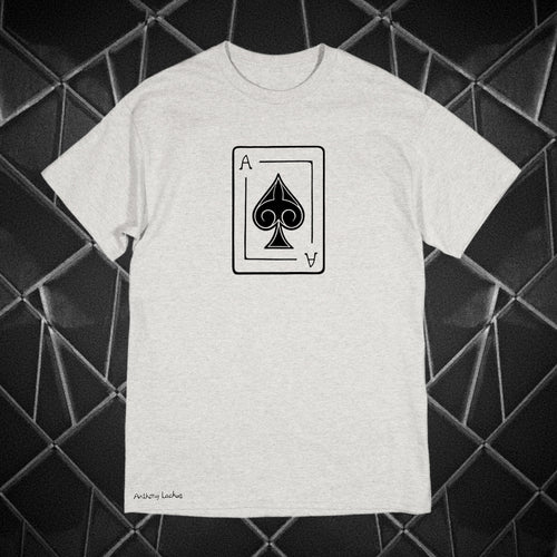 Gray t-shirt with a black playing card spade symbol on a geometric black and gray background