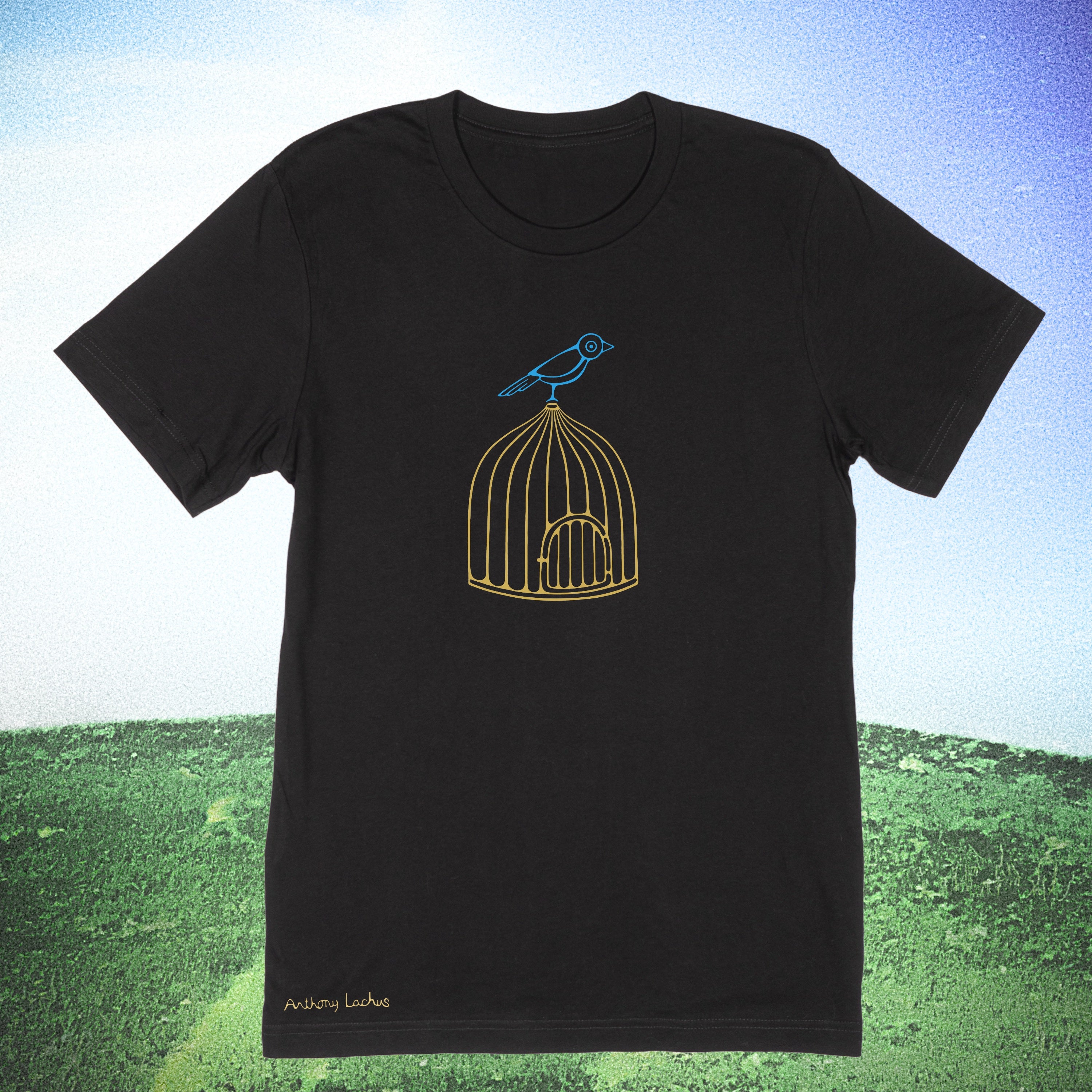 Black t-shirt with birdcage and bird design on a grassy field background