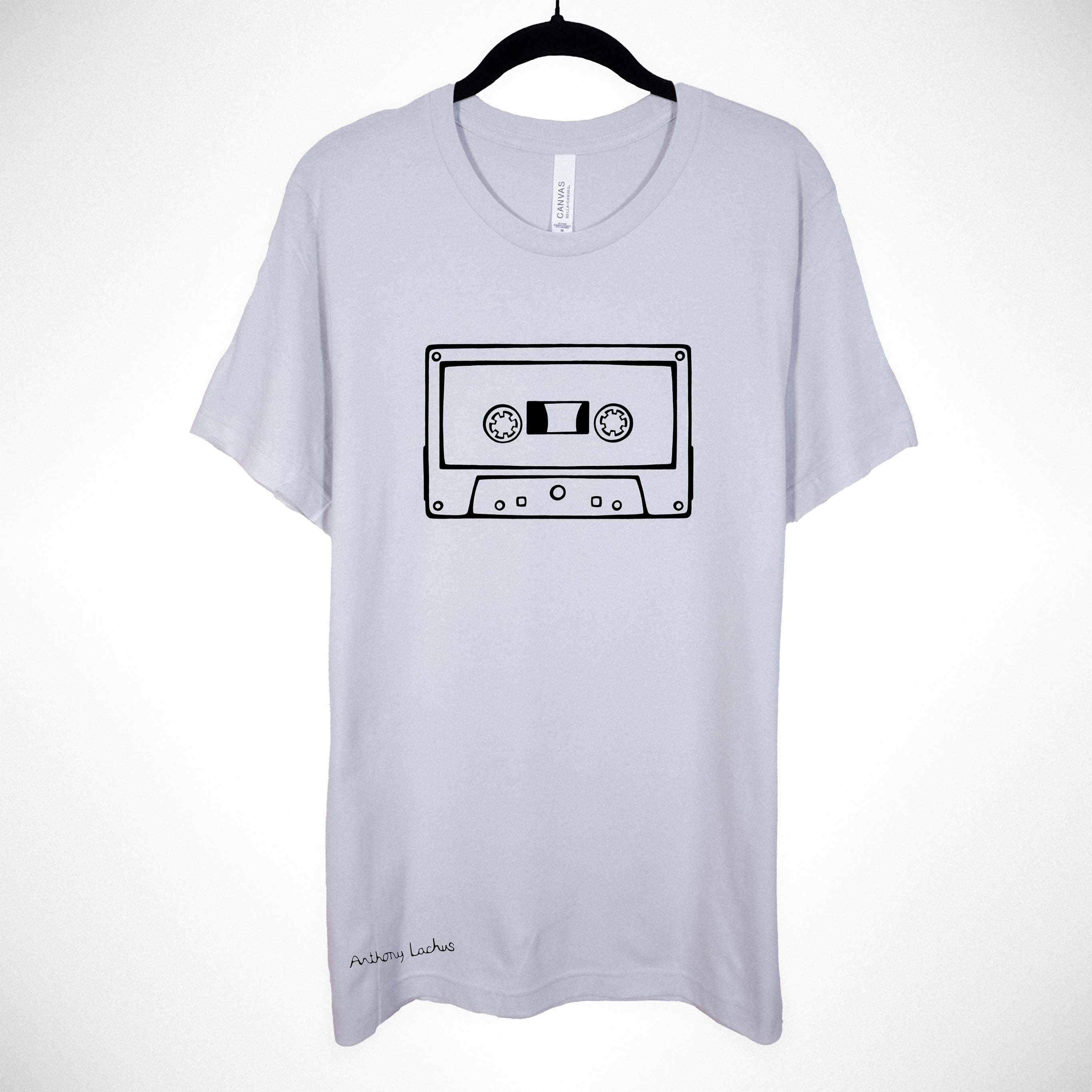 Light gray t-shirt with a black cassette tape graphic on a white background