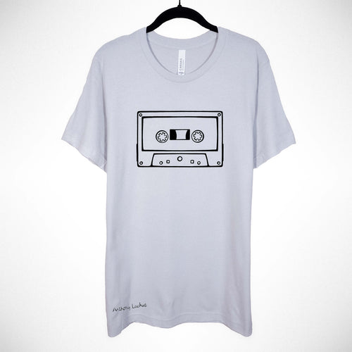 Light gray t-shirt with a black cassette tape graphic on a white background