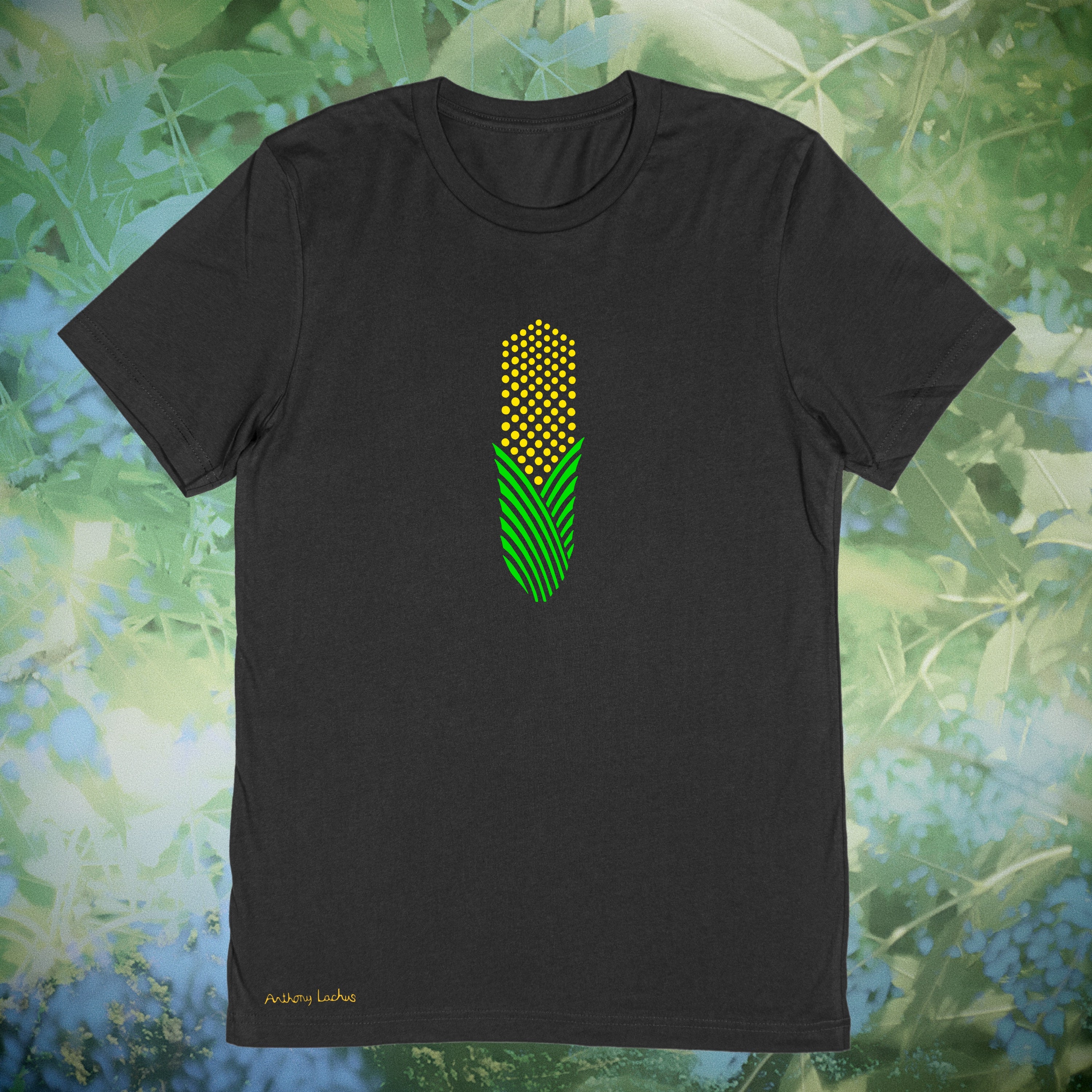 Green and yellow image of corn on a premium cotton navy blue t-shirt original hand drawn graphic tee design by Anthony Lachus