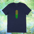 Green and yellow image of corn on a premium cotton navy blue t-shirt original hand drawn graphic tee design by Anthony Lachus