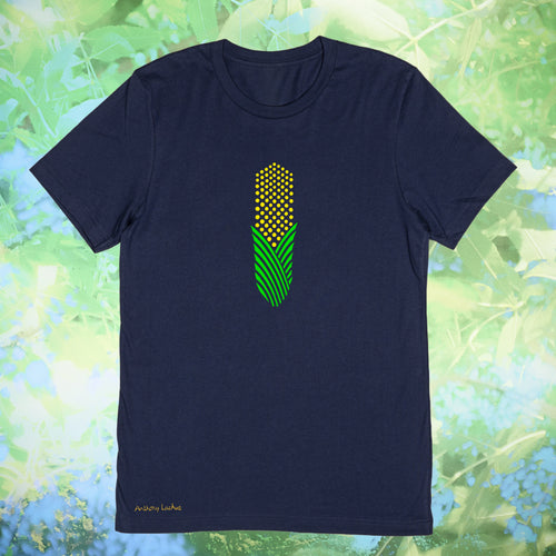 Green and yellow image of corn on a premium cotton navy blue t-shirt original hand drawn graphic tee design by Anthony Lachus