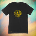Yellow abstract image of the sun on a premium cotton black t-shirt original hand drawn graphic tee design by Anthony Lachus