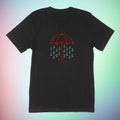 Image of red umbrella and blue rain drops on a premium cotton black t-shirt original hand drawn graphic tee design by Anthony Lachus