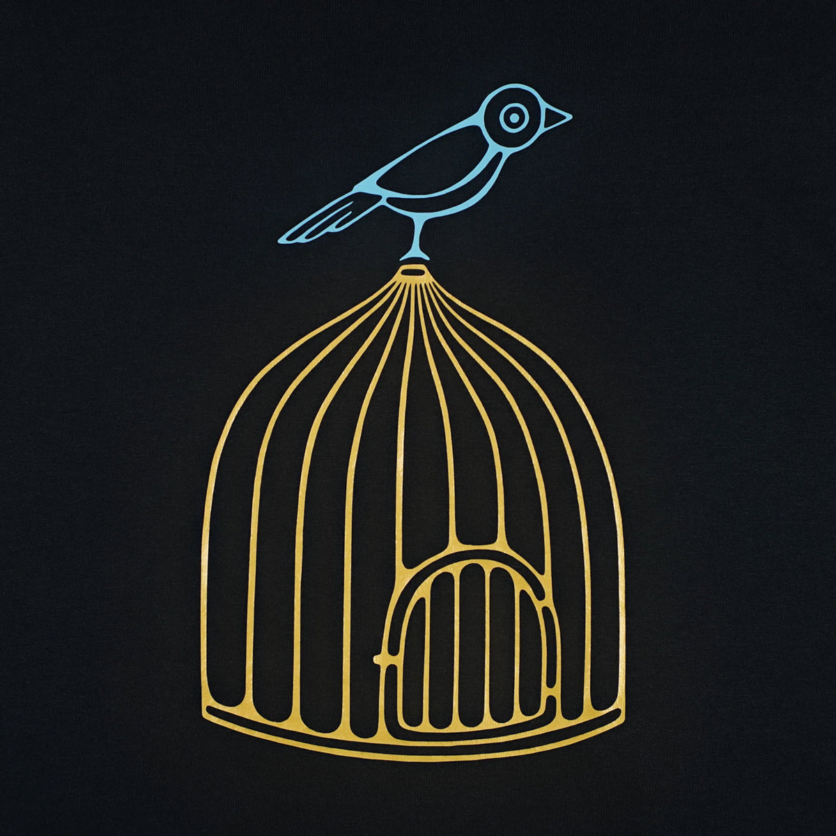 A minimalist line art graphic of a small bird perched atop a bird cage, rendered in light blue and gold outlines on a solid black background.