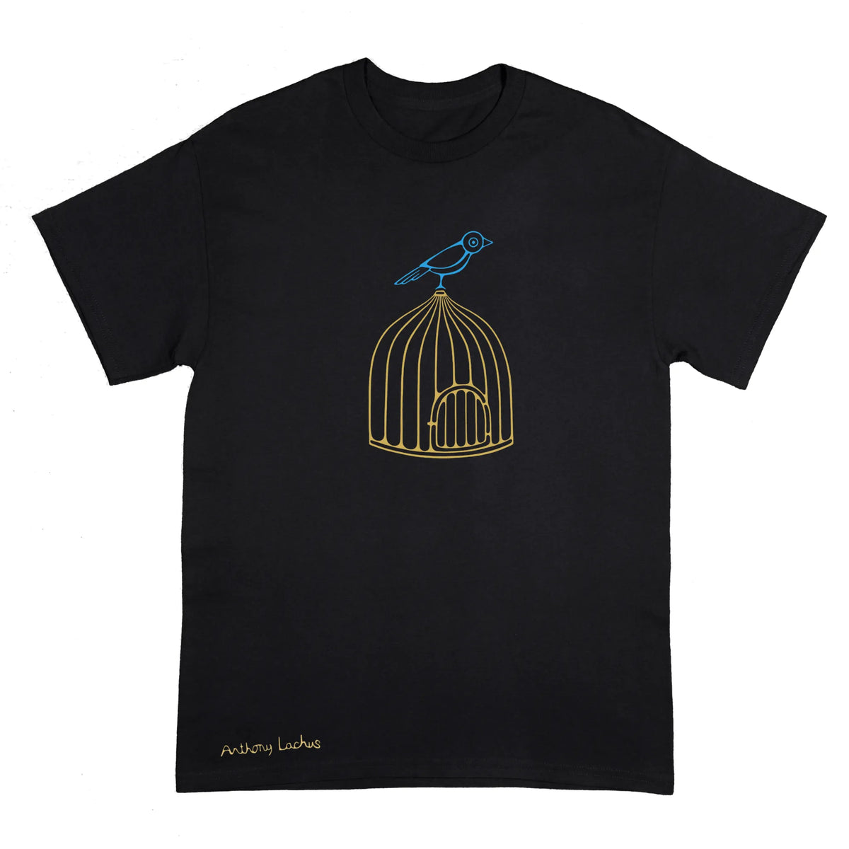 A black short-sleeve crewneck t-shirt featuring a gold and blue line art graphic of a bird perched on top of a birdcage, with the text 'Anthony Lachus' printed in gold near the bottom left hem, shown against a solid white background. An original, hand drawn artwork by Anthony Lachus.