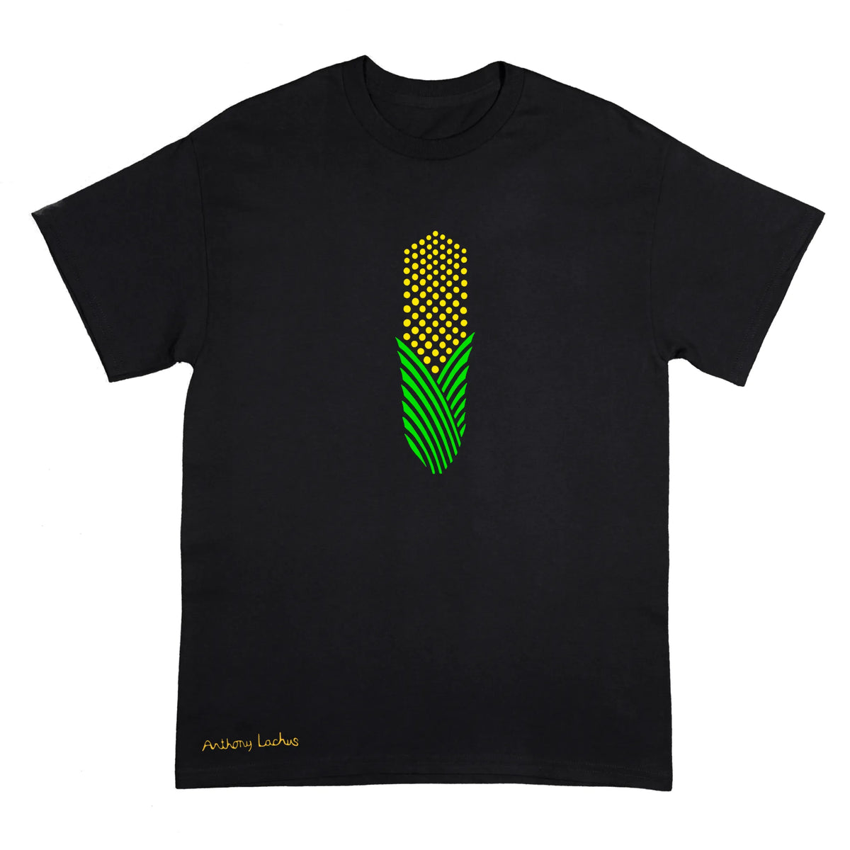 A black short-sleeve crewneck t-shirt featuring a stylized graphic of a corn cob in yellow and green on the chest, with yellow signature near the bottom left hem, displayed on a solid white background.