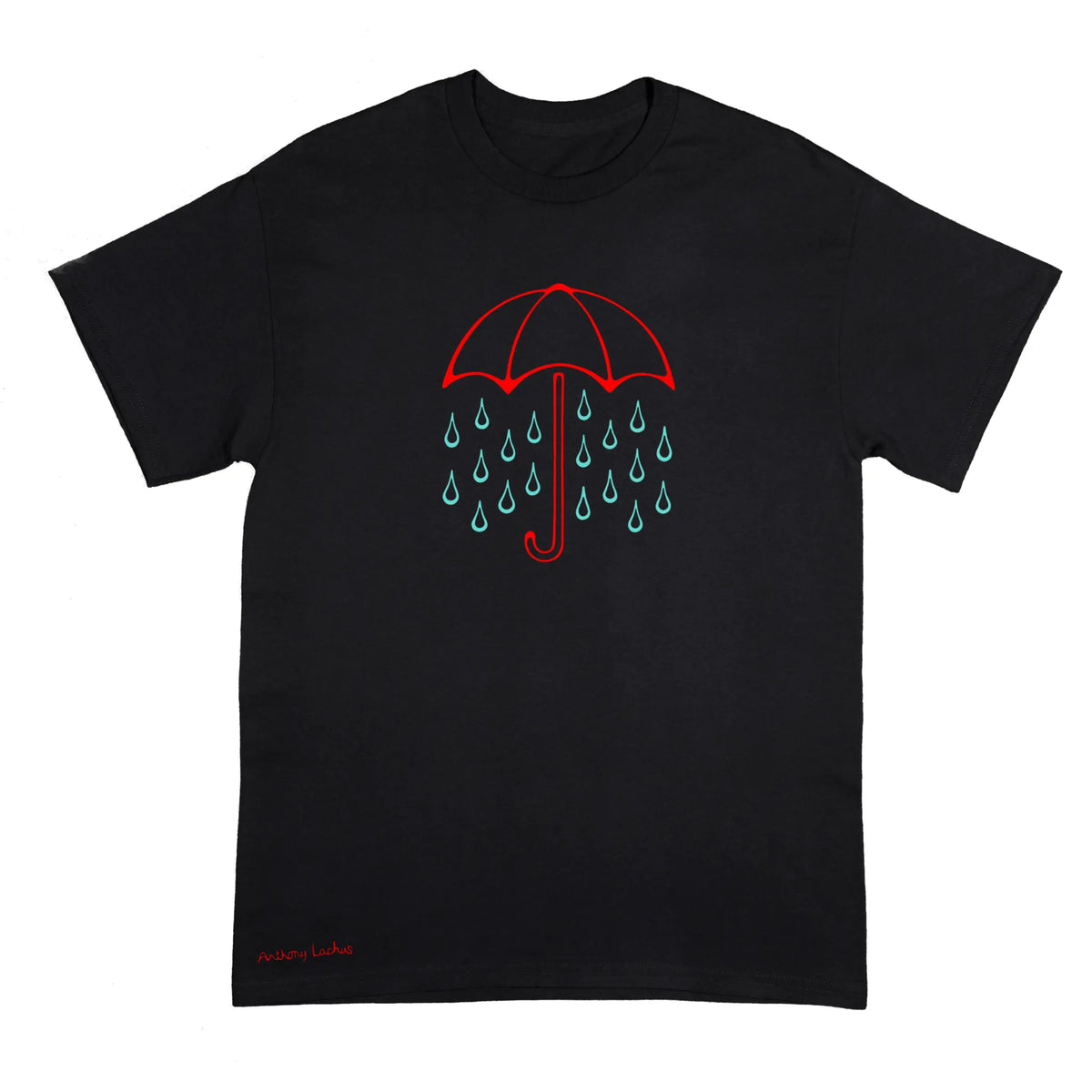 A black short-sleeve crewneck t-shirt with a red umbrella with blue rain drops line art graphic of on the chest, and a red signature reading 'Anthony Lachus' near the bottom left hem, displayed against a light background. An original, hand drawn artwork by Anthony Lachus. Front view.