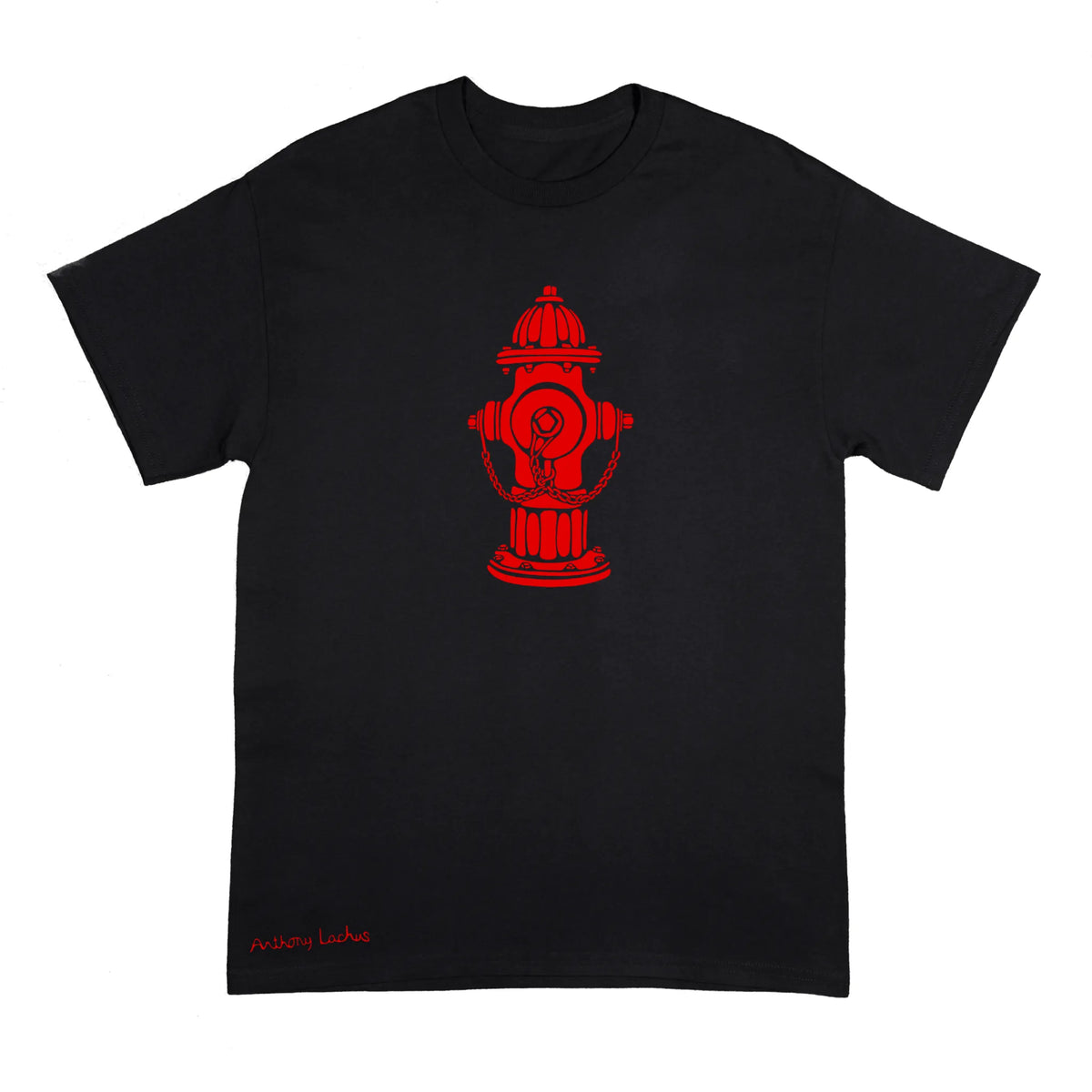 A black short-sleeve crewneck t-shirt featuring a red graphic of a fire hydrant on the chest, with small red text near the bottom left hem, displayed against a solid white background.