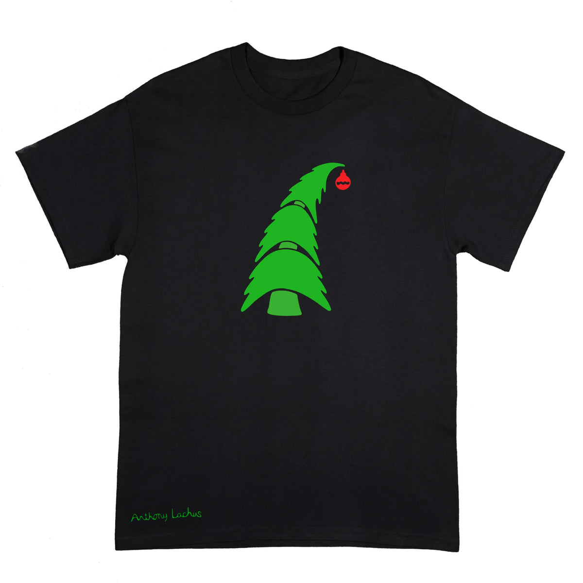 A black short-sleeve crewneck t-shirt featuring a green stylized Christmas tree graphic with a small red ornament on the chest, and green 'Anthony Lachus' text near the bottom left hem, shown against a plain white background. An original, hand drawn artwork by Anthony Lachus.