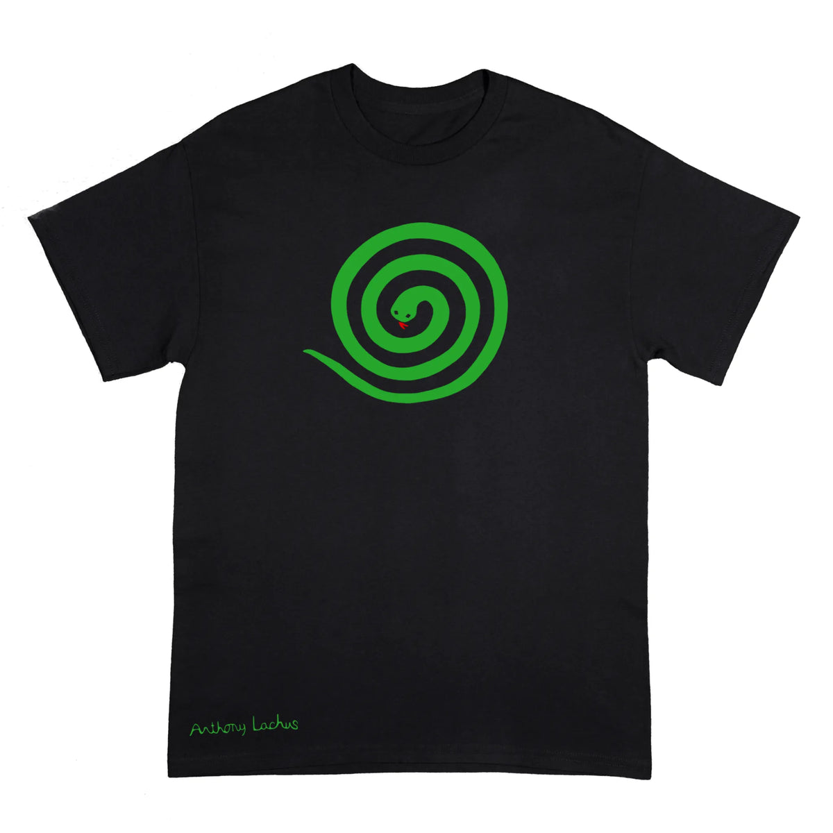 A black short-sleeve t-shirt with a green spiral graphic on the chest resembling a stylized snake, and small green artists signature ‘Anthony Lachus’ near the bottom left hem, shown on a plain white background.