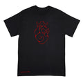A black short-sleeve crewneck t-shirt with a red line art graphic of a stylized heart on the chest and the text 'Anthony Lachus' in red near the bottom left hem, displayed on a solid white background.
