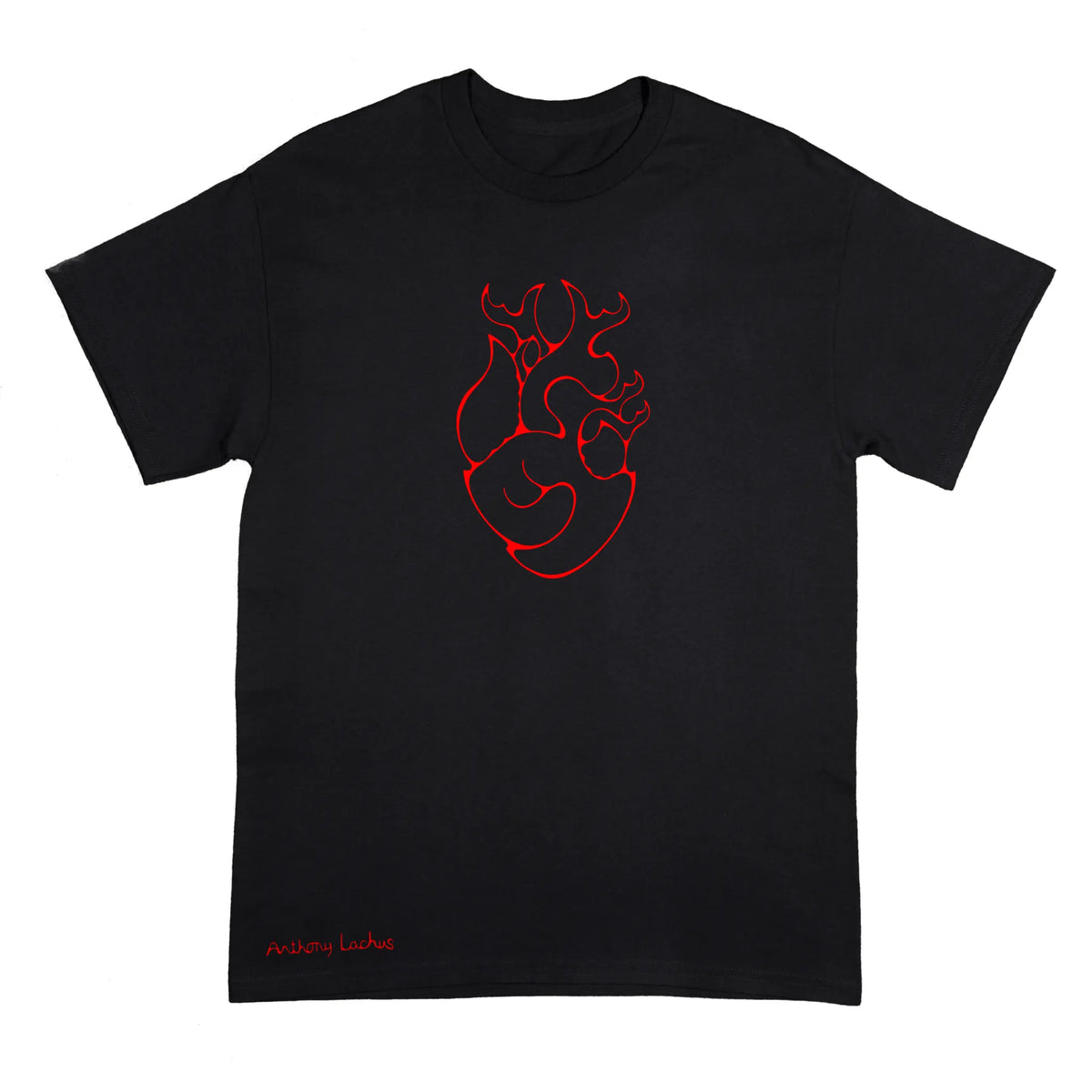 A black short-sleeve crewneck t-shirt with a red line art graphic of a stylized heart on the chest and the text 'Anthony Lachus' in red near the bottom left hem, displayed on a solid white background.