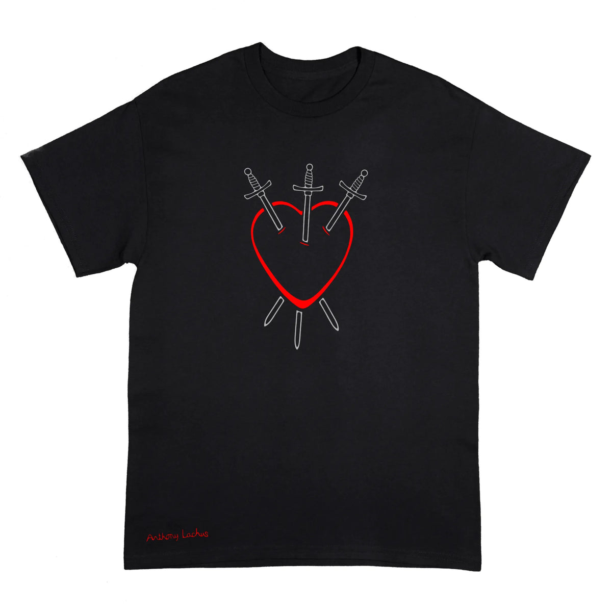 A black short-sleeve t-shirt with a graphic on the chest depicting a red heart outline pierced by three white swords. The artists signature 'Anthony Lachus' is printed in red near the bottom left corner. Three of Swords Tarot.
