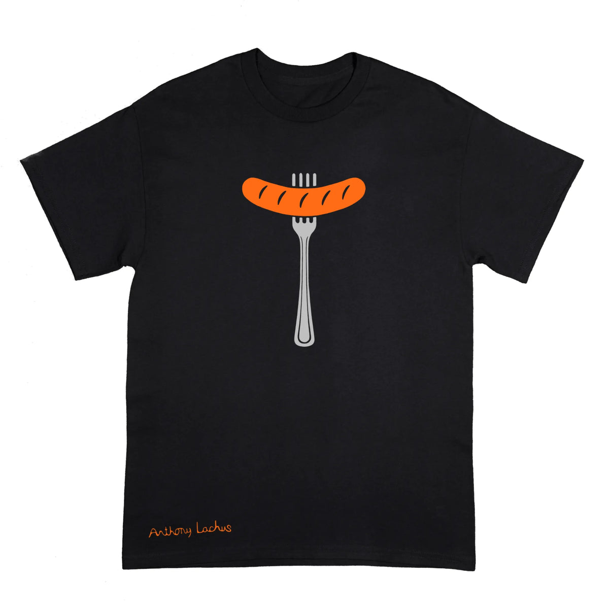 A black short-sleeve t-shirt with a graphic of a grilled sausage on a fork on the chest, and the text 'Anthony Lachus' printed in orange near the bottom left.