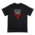 A black short-sleeve t-shirt with a graphic on the chest that reads 'STICKY GUMBO BAND' in white text above a red lobster illustration. A small white script signature 'Anthony Lachus' is printed near the bottom left hem.