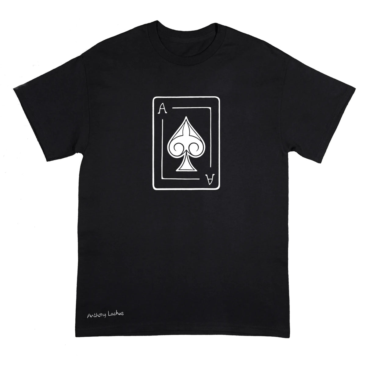 A black short-sleeve crewneck t-shirt with a white ace of spades line art graphic of on the chest, and a white signature reading 'Anthony Lachus' near the bottom left hem, displayed against a light background. An original, hand drawn artwork by Anthony Lachus. Front view.
