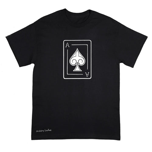 A black short-sleeve crewneck t-shirt with a white ace of spades line art graphic of on the chest, and a white signature reading 'Anthony Lachus' near the bottom left hem, displayed against a light background. An original, hand drawn artwork by Anthony Lachus. Front view.