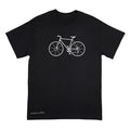 A black short-sleeve crewneck t-shirt featuring a white line art graphic of a bicycle on the chest and the text 'Anthony Lachus' printed near the bottom left hem, shown against a plain white background. An original, hand drawn artwork by Anthony Lachus. Front view.