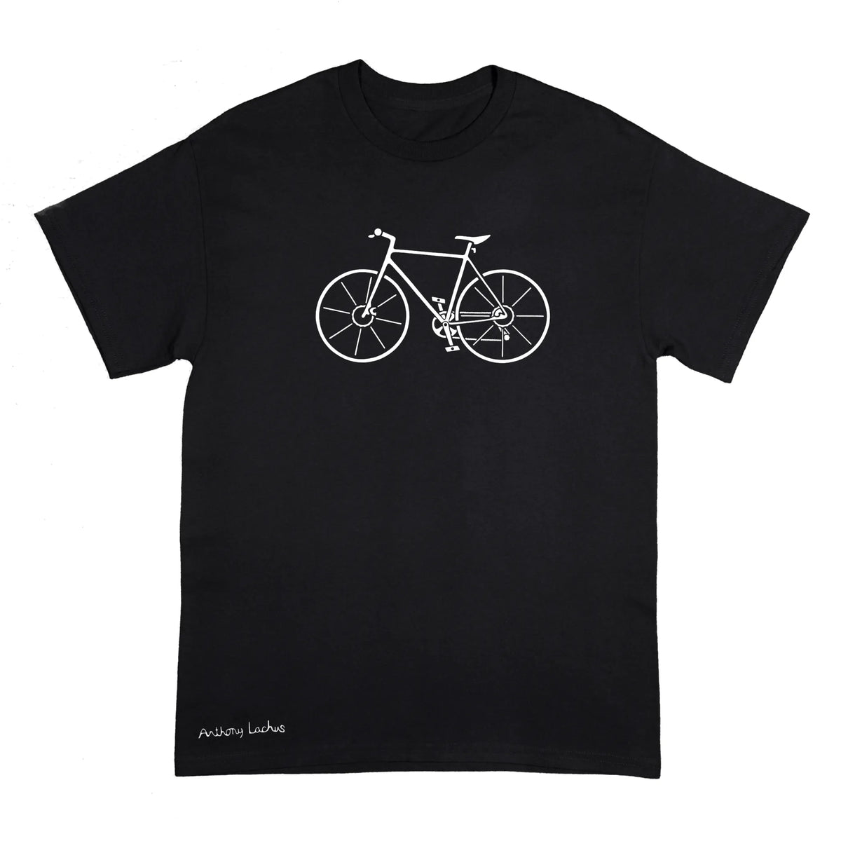A black short-sleeve crewneck t-shirt featuring a white line art graphic of a bicycle on the chest and the text 'Anthony Lachus' printed near the bottom left hem, shown against a plain white background. An original, hand drawn artwork by Anthony Lachus. Front view.