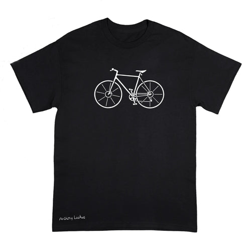 A black short-sleeve crewneck t-shirt featuring a white line art graphic of a bicycle on the chest and the text 'Anthony Lachus' printed near the bottom left hem, shown against a plain white background. An original, hand drawn artwork by Anthony Lachus. Front view.