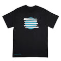 A black short-sleeve crewneck t-shirt featuring a graphic design on the chest with horizontal white and light blue stripes layered over a light blue circle. The artist name 'Anthony Lachus' is printed in light blue near the bottom left hem.