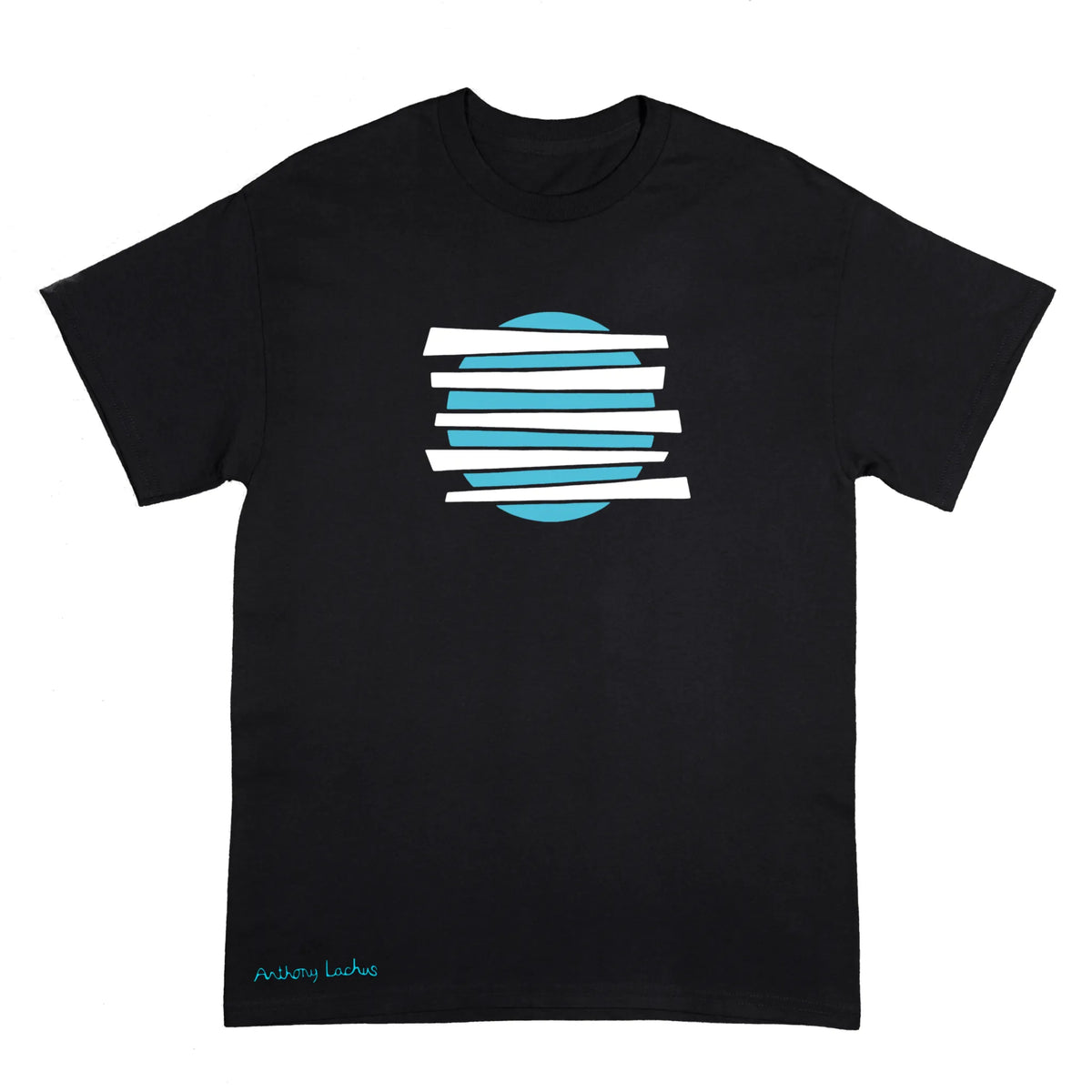 A black short-sleeve crewneck t-shirt featuring a graphic design on the chest with horizontal white and light blue stripes layered over a light blue circle. The artist name 'Anthony Lachus' is printed in light blue near the bottom left hem.