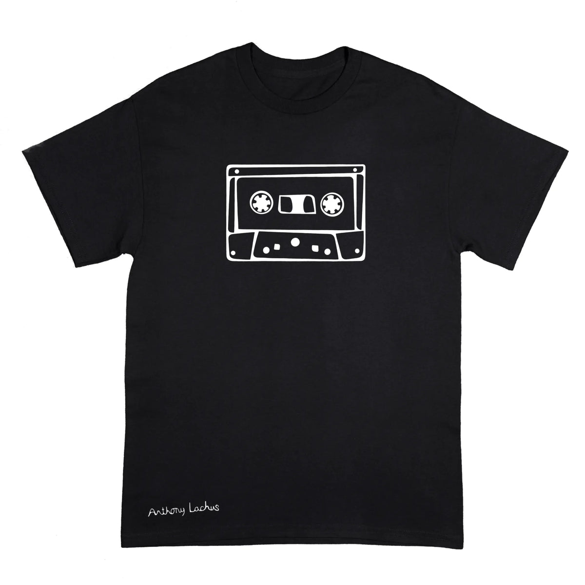 A black short-sleeve crewneck t-shirt featuring a white line art graphic of a cassette tape on the chest and the text 'Anthony Lachus' printed near the bottom left, displayed against a solid white background.