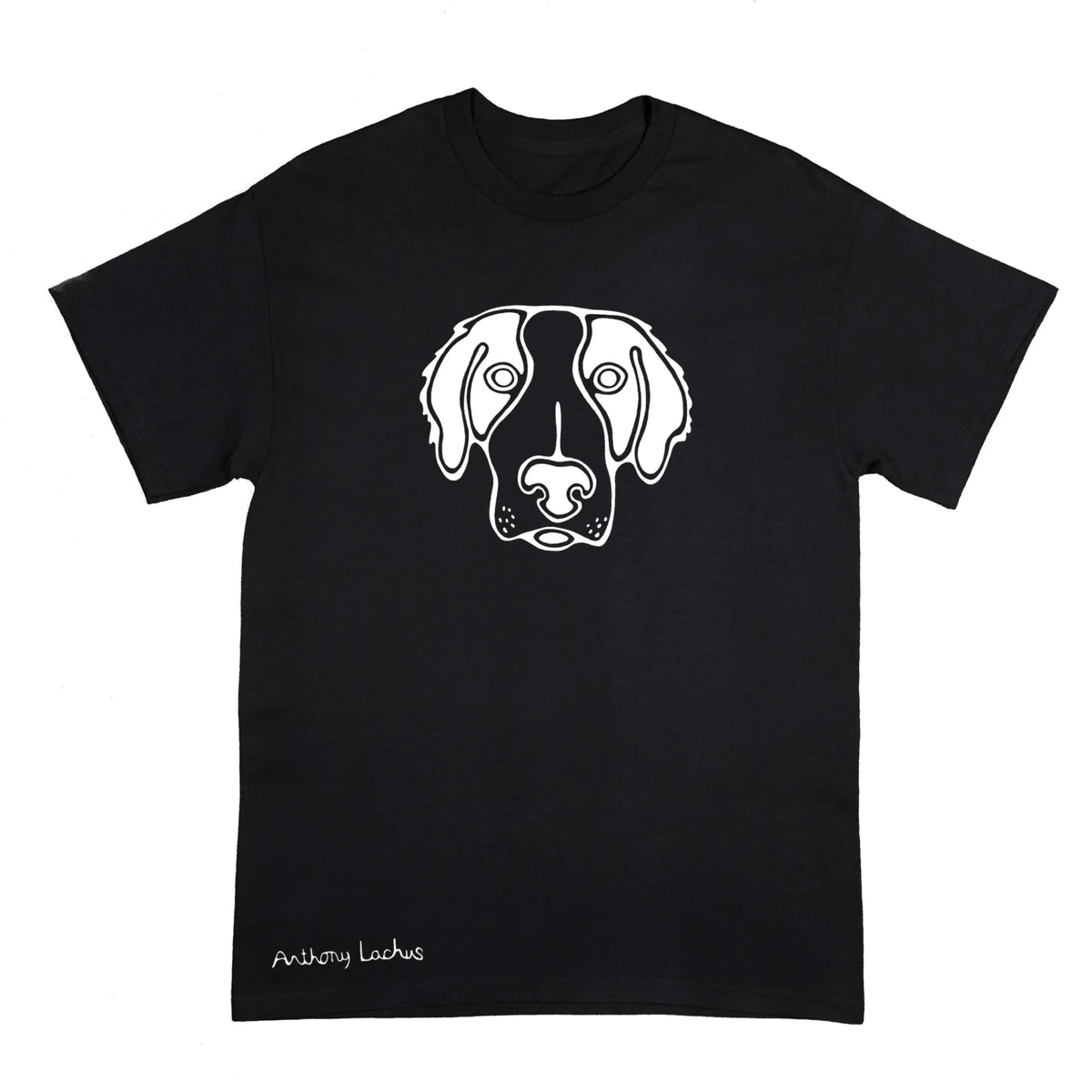 A black short-sleeve crewneck t-shirt featuring a white line art graphic of a dog's face on the chest, with 'Anthony Lachus' printed in white script near the bottom left hem, shown against a plain white background.