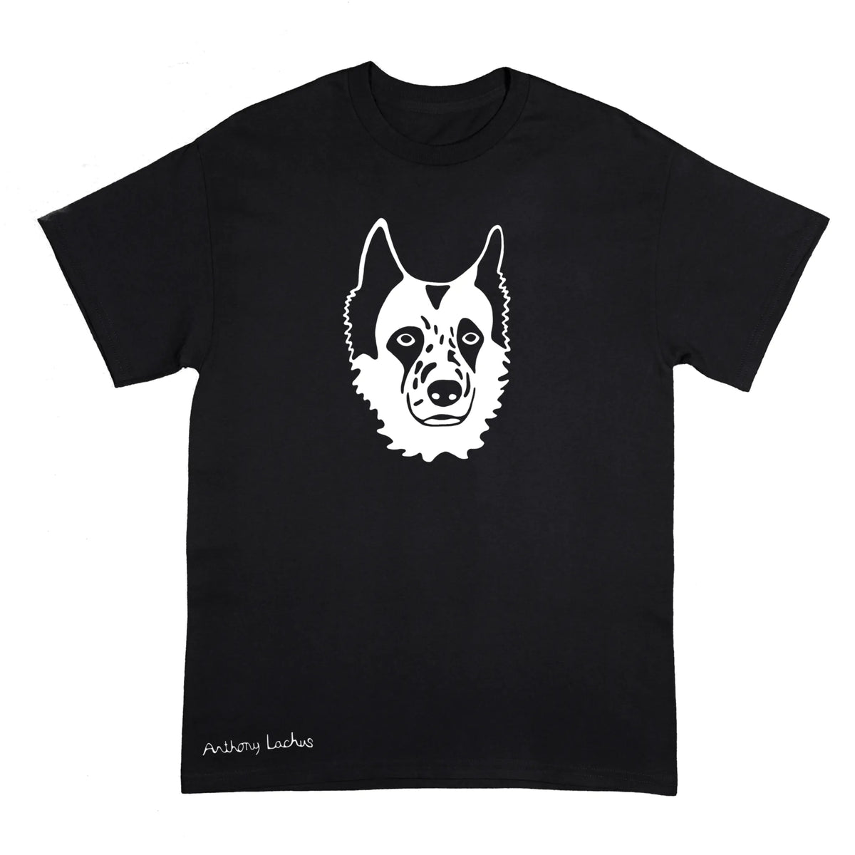 A black short-sleeve crewneck t-shirt featuring a white line art graphic of a dog's head on the chest, with 'Anthony Lachus' printed in white near the bottom left hem, shown against a plain white background.