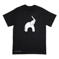 A black short-sleeve crewneck t-shirt featuring a minimalist white line art graphic of an elephant on the chest, with 'Anthony Lachus' printed in white script near the bottom left hem, displayed on a solid white background.