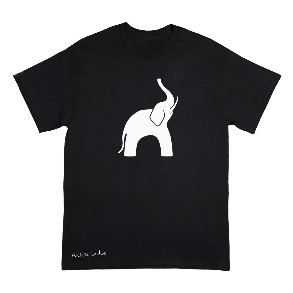 A black short-sleeve crewneck t-shirt featuring a minimalist white line art graphic of an elephant on the chest, with 'Anthony Lachus' printed in white script near the bottom left hem, displayed on a solid white background.