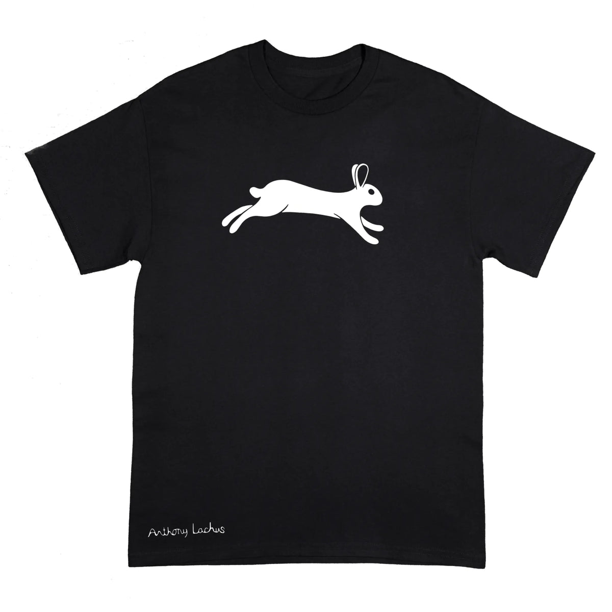 A black short-sleeve crewneck t-shirt featuring a white line-art graphic of a jumping rabbit on the chest, with small white script near the bottom left hem that reads ‘Anthony Lachus”, displayed flat against a white background.