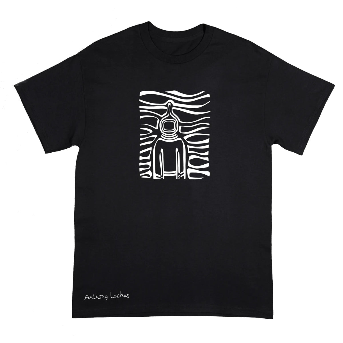 A black short-sleeve crewneck t-shirt featuring a white graphic print of a stylized figure with a halo-like head on a zebra-stripe background, with 'Anthony Lachus' printed in white near the bottom left hem.