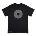 A black short-sleeve crewneck t-shirt with a white vinyl record line art graphic of on the chest, and a white signature reading 'Anthony Lachus' near the bottom left hem, displayed against a light background. An original, hand drawn artwork by Anthony Lachus. Front view.