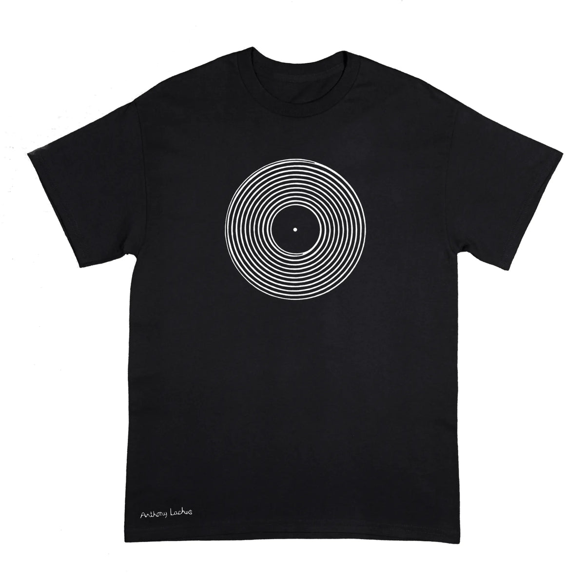 A black short-sleeve crewneck t-shirt with a white vinyl record line art graphic of on the chest, and a white signature reading 'Anthony Lachus' near the bottom left hem, displayed against a light background. An original, hand drawn artwork by Anthony Lachus. Front view.