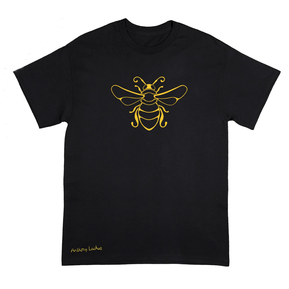 A black short-sleeve crewneck t-shirt featuring a yellow line art graphic of a bee on the chest and the text 'Anthony Lachus' printed near the bottom left hem, shown against a plain white background. An original, hand drawn artwork by Anthony Lachus. Front view.