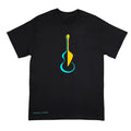 A black short-sleeve crewneck t-shirt featuring a stylized graphic of a guitar split vertically down the middle, with one half in yellow and the other in cyan blue. The artist name 'Anthony Lachus' is printed in light blue near the bottom left hem.