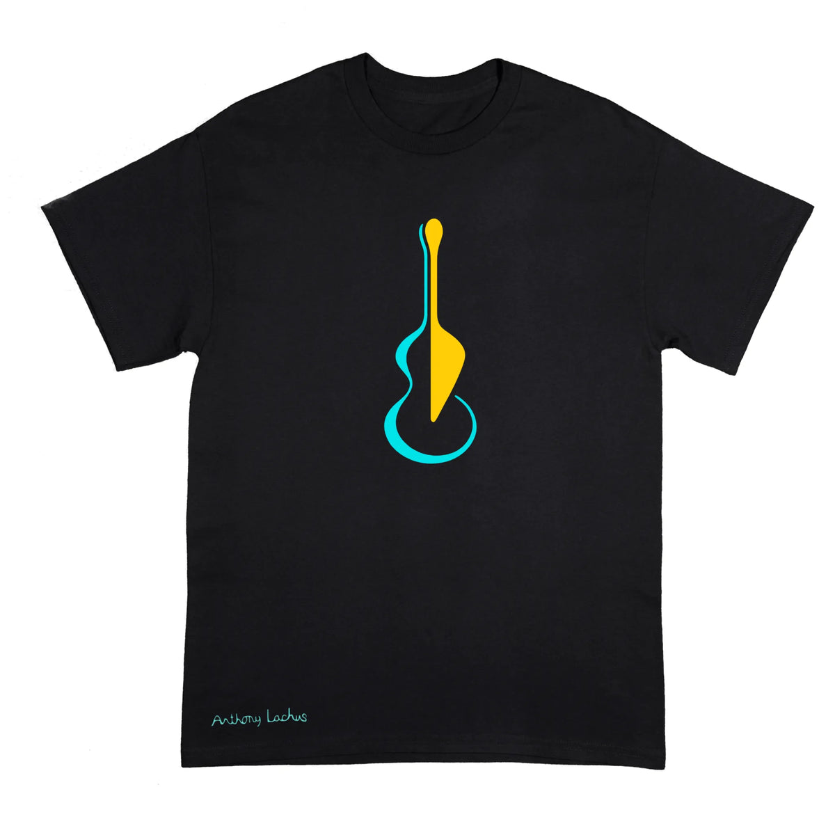 A black short-sleeve crewneck t-shirt featuring a stylized graphic of a guitar split vertically down the middle, with one half in yellow and the other in cyan blue. The artist name 'Anthony Lachus' is printed in light blue near the bottom left hem.