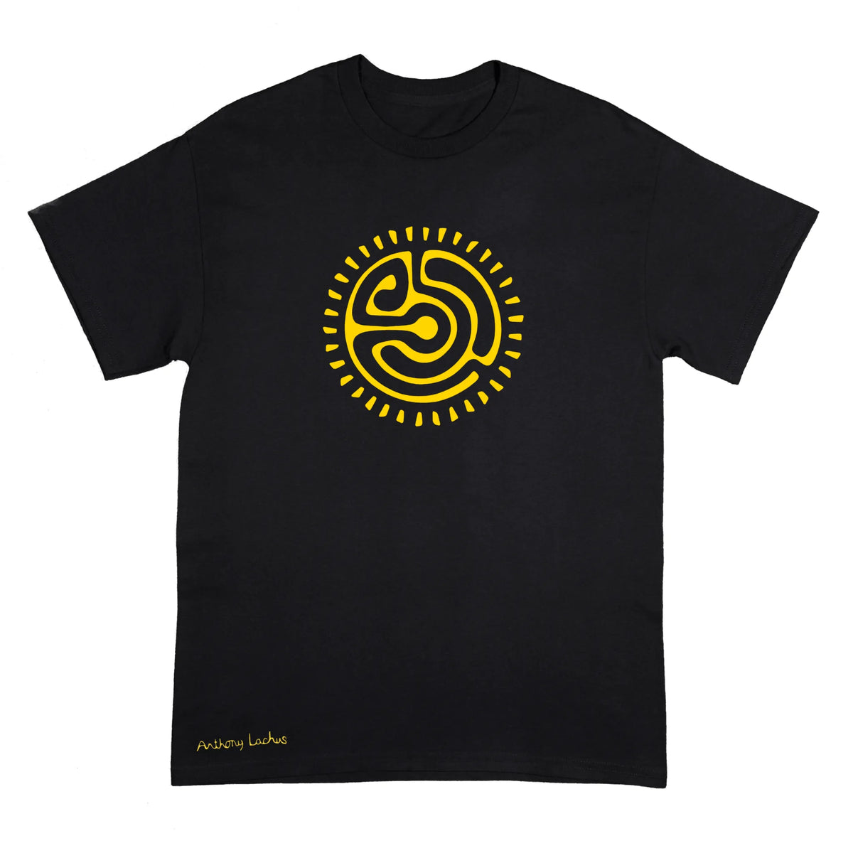 A black short-sleeve crewneck t-shirt featuring a yellow circular maze-like graphic on the chest and 'Anthony Lachus' printed in yellow near the bottom left hem, shown against a plain white background.