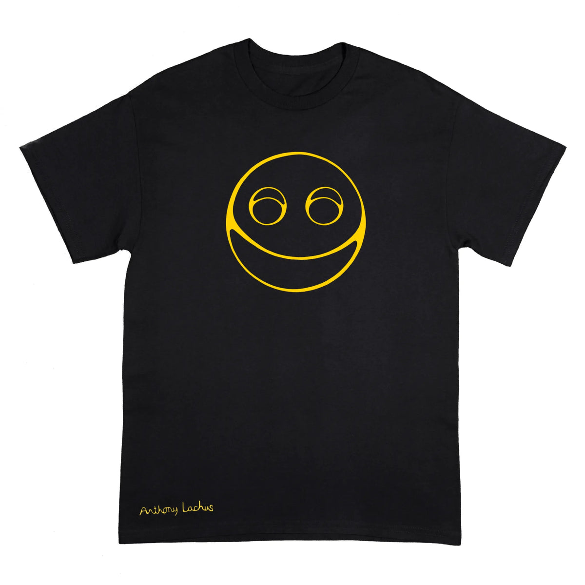 A black short-sleeve crewneck t-shirt featuring a yellow minimalist smiley face graphic on the chest and a small yellow 'Anthony Lachus' signature on the bottom left hem, shown against a plain white background.