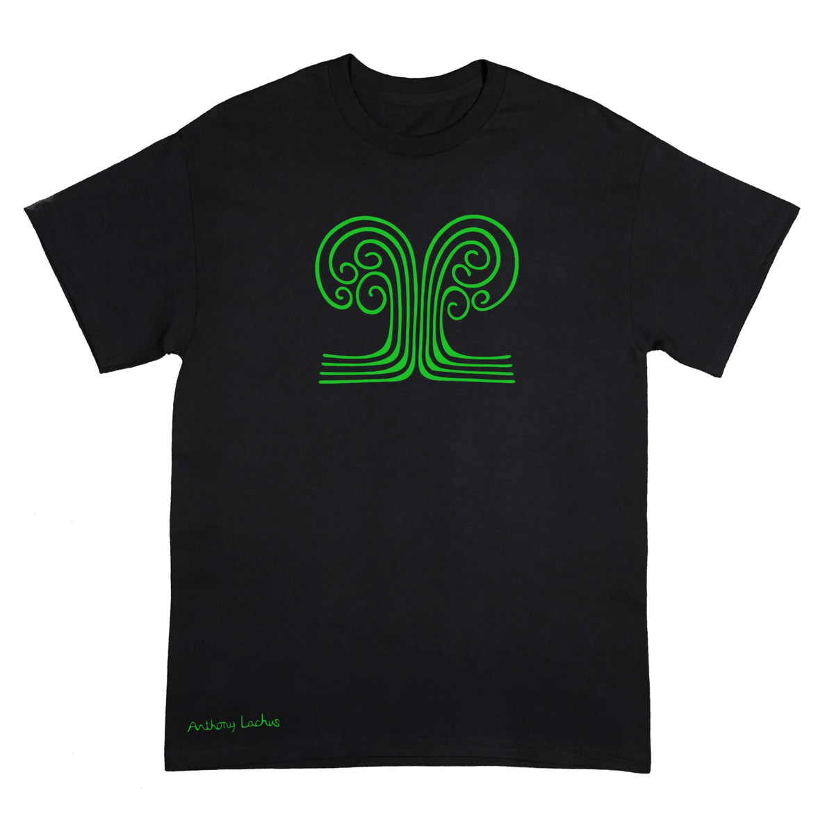 A black short-sleeve crewneck t-shirt with a green line art graphic of a tree with roots on the chest, and a small green signature reading 'Anthony Lachus' near the bottom left hem, displayed against a light background. An original, hand drawn artwork by Anthony Lachus. Front view.