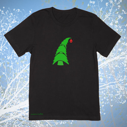 Greent Christmas tree pulled down by red ornament on a premium cotton black t-shirt original hand drawn graphic tee design by Anthony Lachus