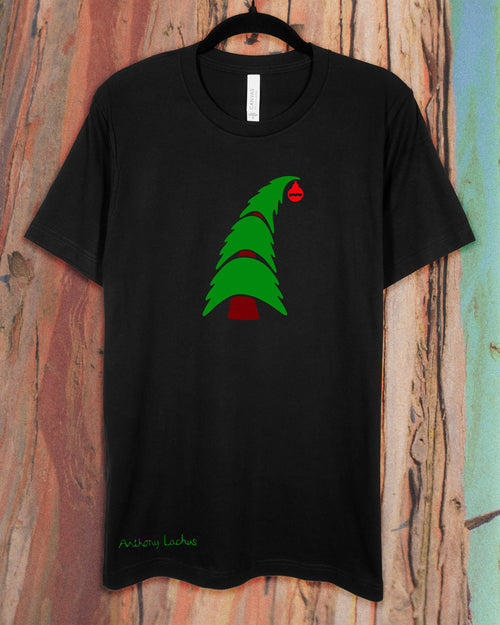 Black t-shirt with a green and red Christmas Tree graphic design on a wooden background