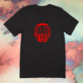 Red daruma doll image on premium cotton black t-shirt original hand drawn graphic tee design by Anthony Lachus