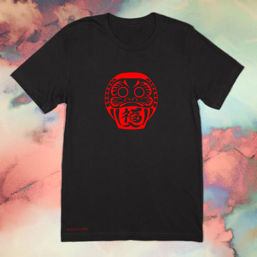 Red daruma doll image on premium cotton black t-shirt original hand drawn graphic tee design by Anthony Lachus
