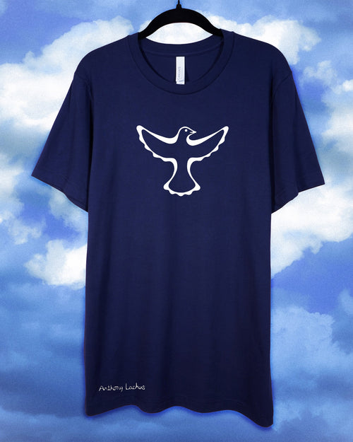 Navy blue t-shirt with a white dove design on a background of clouds